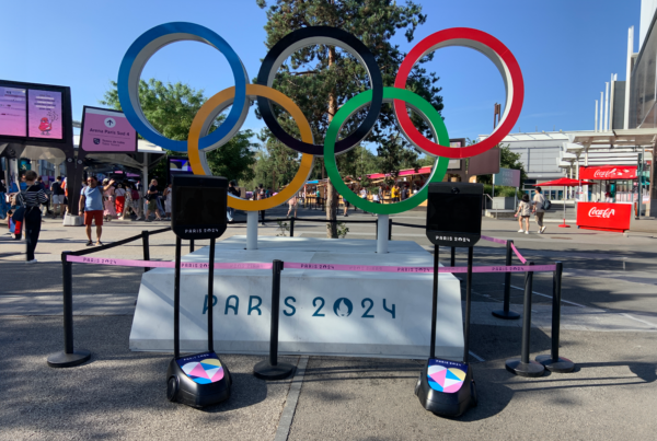 BeamPro Telepresence robots deployed by Awabot in front of the olympic rings